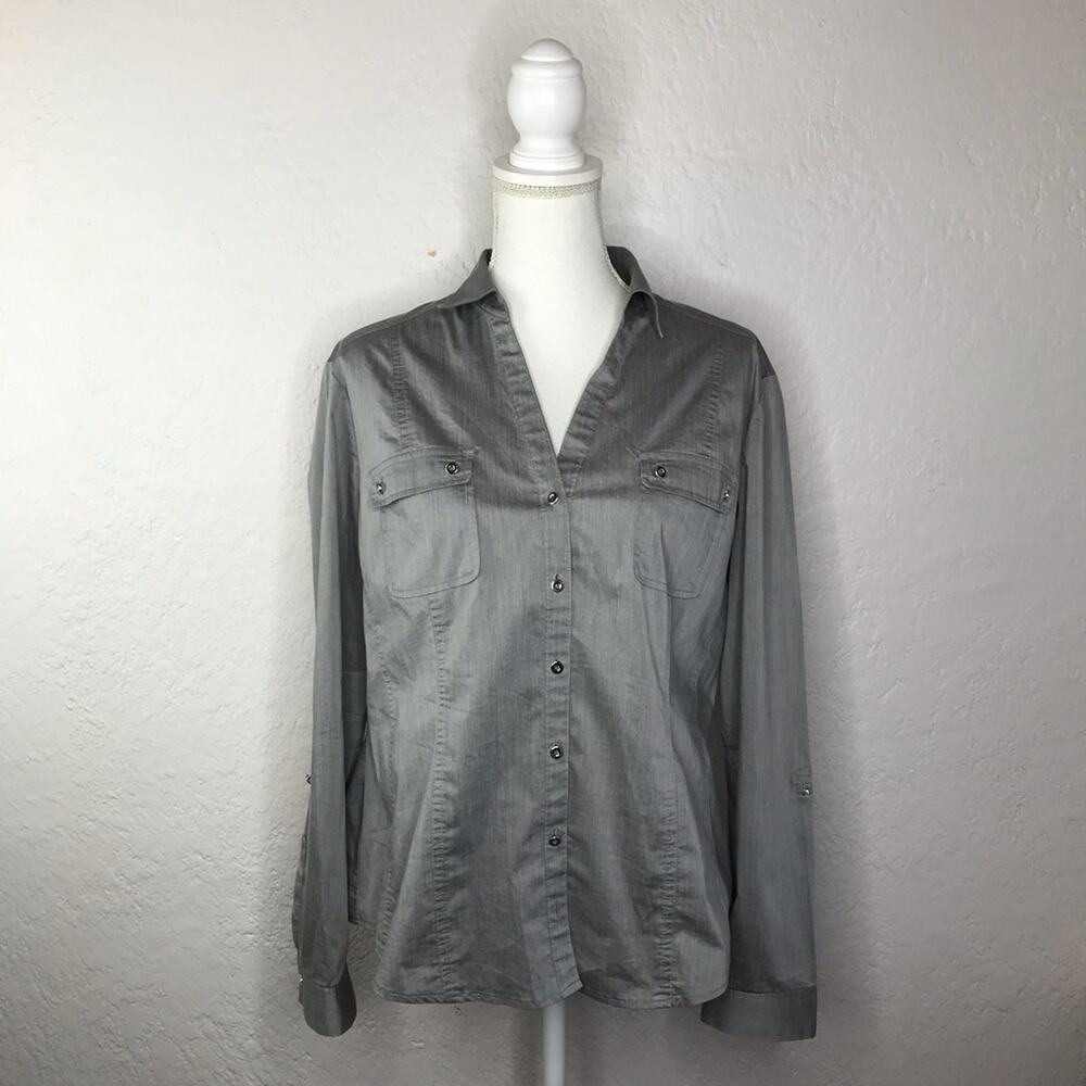 New York & Co. Women Roll Tab Sleeve Collared Button Grey Shirt Blouse XL Petite